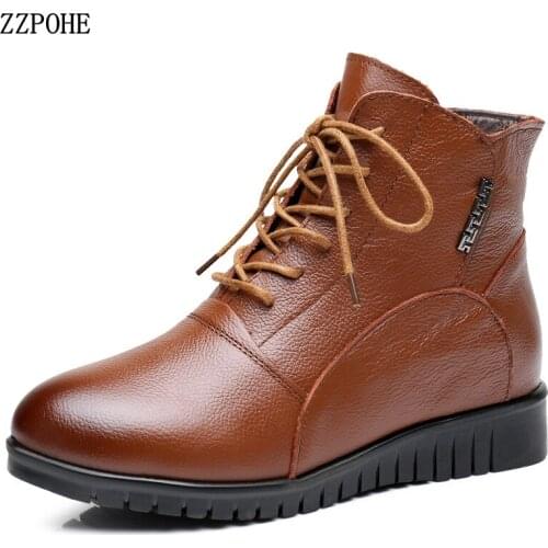 ZZPOHE 2018 Winter Women Shoes Woman Genuine Leather Wedges Flat Ankle Boots Female Lace-up Snow Boots Mother Soft Cotton Shoes