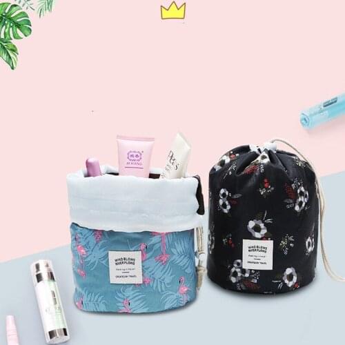 1Pcs New Round Bucket Waterproof Flamingo Cosmetic Bag travel Floral Makeup Case Toiletry For Womens organizer cosmetics Pouch