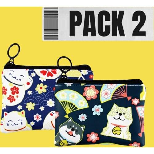 2 PCS Women Pouch Leather Bag Small Cartoon Zipper Coin Purse Earbuds Card Holder Money Change Key Wallet Kids Lovely Cute Gift