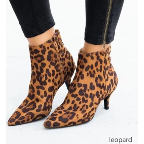 2020Autumn Womens Ankle Boots Leopard Female Zip Pointed Toe Woman Snakeskin Stilettos Plus Size Sexy Ladies Suede Female Shoes