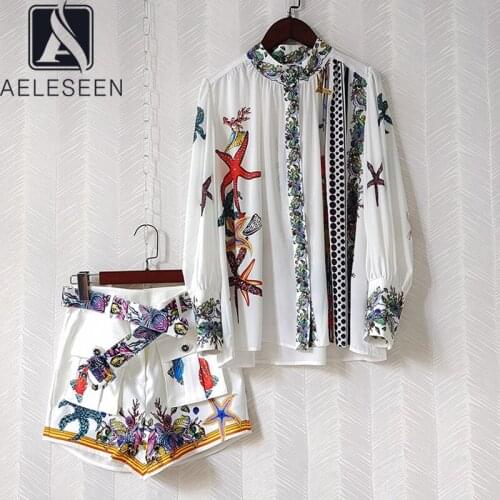 AELESEEN Runway Fashion 2 Pieces Sets Women Full Lantern Sleeve Turtleneck Blouse+Shorts Casual Starfish Print Sets