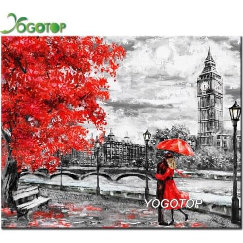 Diy diamond painting London Lovers Landscape Diamond embroidery full square round drills mosaic of rhinestones red tree YY2608