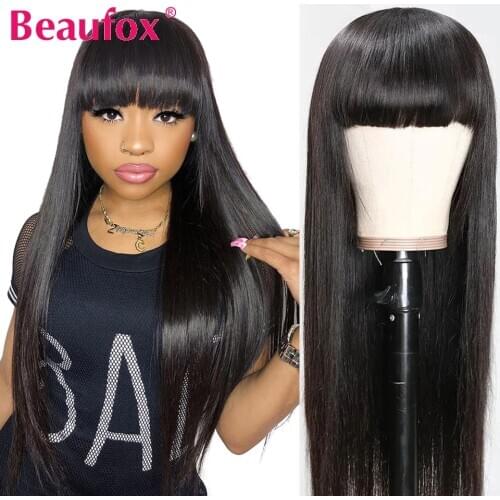 Beaufox Straight Human Hair Wigs With Bangs Full Machine Made Wigs For Women Remy Black Peruvian Human Hair Fringe Wig 8-28 Inch