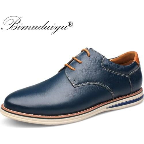 BIMUDUIYU Autumn Genuine Leather Shoes Men Cow Leather Business Casual Shoes Male Top Quality Flats Lace-Up Man soft Shoes