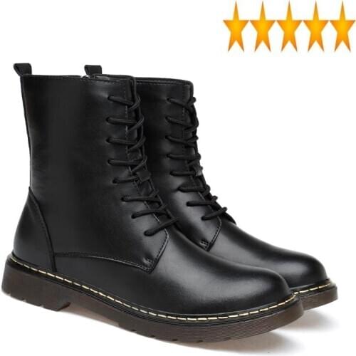 Genuine Men Winter Leather Fashion Ankle Matin Boots Male Fur Lining Warm Shoes High Top England Style Large Size 45 46 47