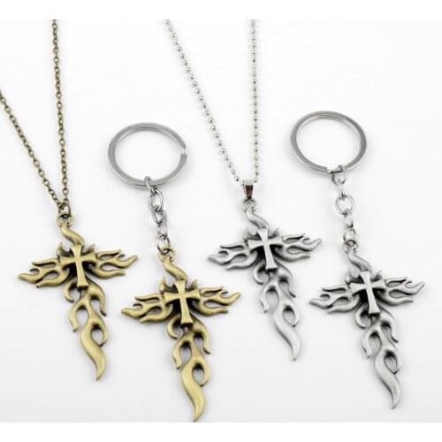 Hip Hop Flame Cross Keyring Keychains for Women Men Harajuku Vintage Geometric Key Chains Punk Rock Jewelry Statement Necklace
