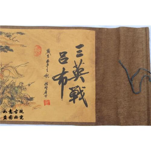 Chinese old paper Figure long Scroll painting Three heroes battles Lv Bu