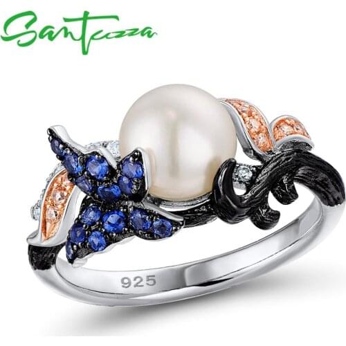 SANTUZZA Freshwater Pearl Ring For Women 925 Sterling Silver Rings for Women Cubic Zirconia Ringen Party Fashion Jewelry
