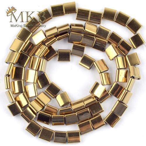 Natural Double Hole Golds Hematite Square Stone Beads Spacer Loose Beads For Jewelry Making Beads DIY Handmade Bracelets 15"