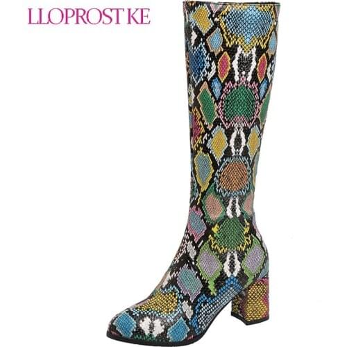 Lloprost ke 2021 Elegant Square High Heel PU Leather Knee High Boots Women Boots Shoes Round Toe Snakeskin Zipper Boots Size 48