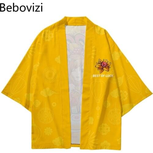 Fashion Kimono Plus Size Beach Harajuku Yellow Cartoon Japanese Style Sets Men Women Cardigan Haori Obi Asian Clothes Pant Suit