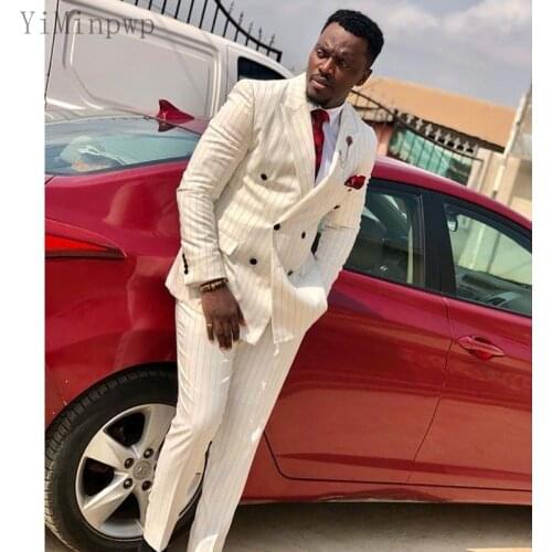 YiMinpwp Beige Pinstripe Men Suits Peaked Lapel Double Breasted Blazer Jacket men Tuxedos Groom Wedding Suits 2 Piece Coat Pant