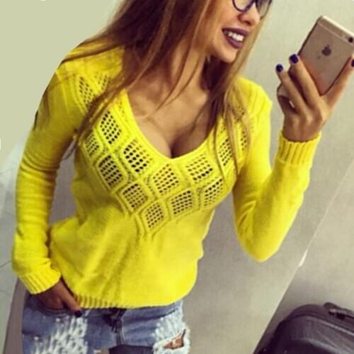 Autumn and Winter Basic Women Sweaters Computer Knitted Pullover Comfortable Hollow Out Solid V-neck Female Sweaters