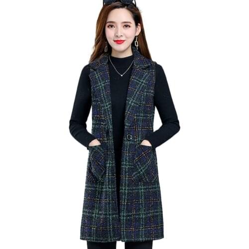 Autumn Women Vest Jacket 2021 New Plaid Woolen Waistcoat Mid Long Overcoat Plus Size 5XL Sleeveless Female Vest Coat Casual Tops