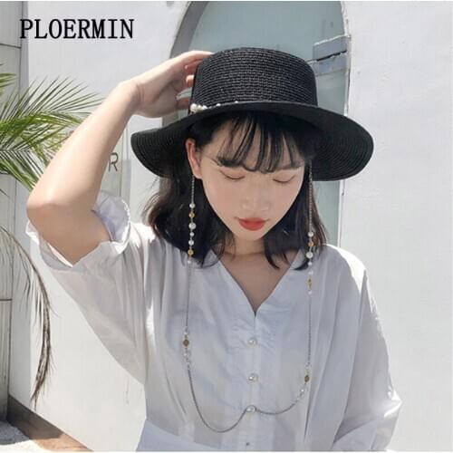 Summer Women Fashion French Retro Pearl chain Flat Top Straw Hat Wide Brim elegant Sun Hat Ladys Travel Beach Hat Gorras