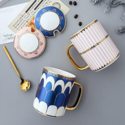 Blue and Gold Bone China Coffee Cup With Spoon European Style Creative Ceramic Afternoon Tea Teacup For Water Beautiful Gift Box