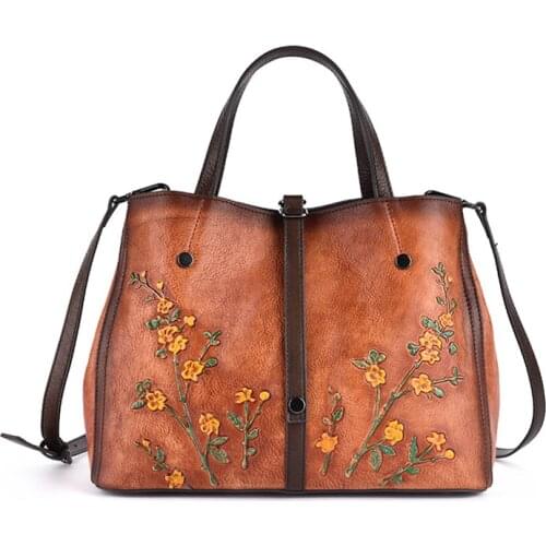 Handbag WomenS Leather Large Capacity Diagonal Hand Bag Vegetable Tanned Leather Retro Embossed Leather Handbag Rubbed Color