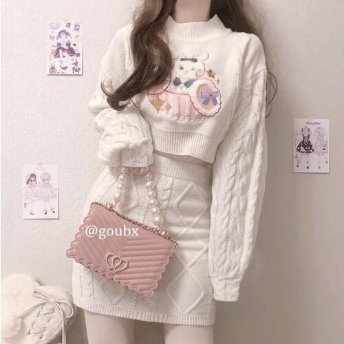 Japanese Spring and Autumn New Knit Sweater Top Women Long Sleeved Twist Outer Sweater All Match Skirt Female Suit Trend