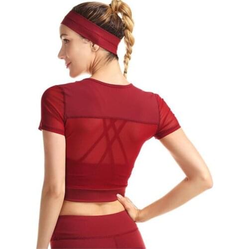 Yoga Shirt Women Mesh Patchwork Gym Shirts Solid Color Short Sleeve Sports T-shirts Running Fitness Workout Tops Sportswear