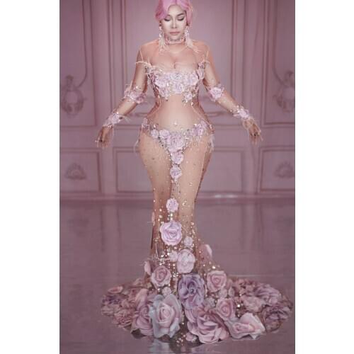 Women Singer Performance Costume Fashion Design Pink Flowers See Through Long Dress 3D Pattern Mesh Stretch Birthday Party Dress