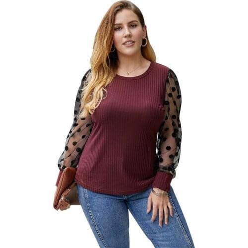 2021 Fashion Polka-dot Stitching Tops Large Size Womens Wear Black Burgundy Blouses and Tops