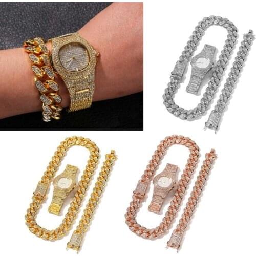 3Pcs Luxury Cool Mens Numeral Watch Kit Crystal Pave Miami Cuban Bracelet Necklace Kit Rappers Men Rock Roll Jewelry Set