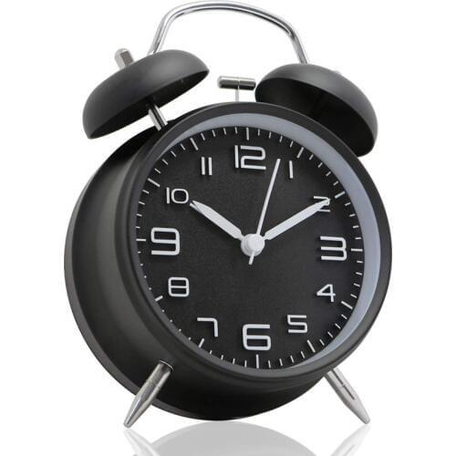 4 inch Twin Bell Alarm Clock Metal Frame 3D Dial with Backlight Function Desk Table Clock for Home & Office black