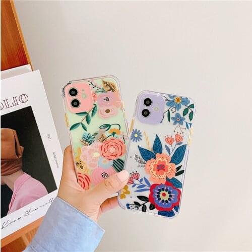 New Cute Flower Phone Case For iPhone 12 11 Pro Max 7 8 Plus X XR XS Max Bumper Shockproof Back Cover Coque Transparent Shell