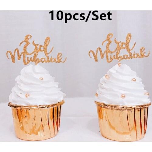 Gold Silver Glitter Eid Mubarak Cupcake Toppers EID Ramadan Festival Bunting Islamic Muslim Mubarak Party Decoration 10pcs/Bag