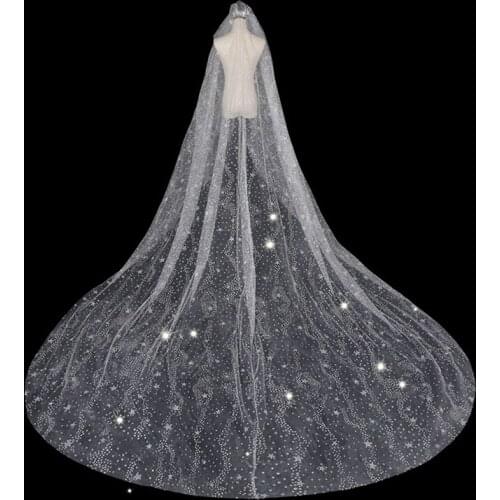 Long Bridal Veil Sparkly Bling Bling Stars Points Leaves Cathedral Shiny Wedding Veil 3.5 Meters Velo De Novia