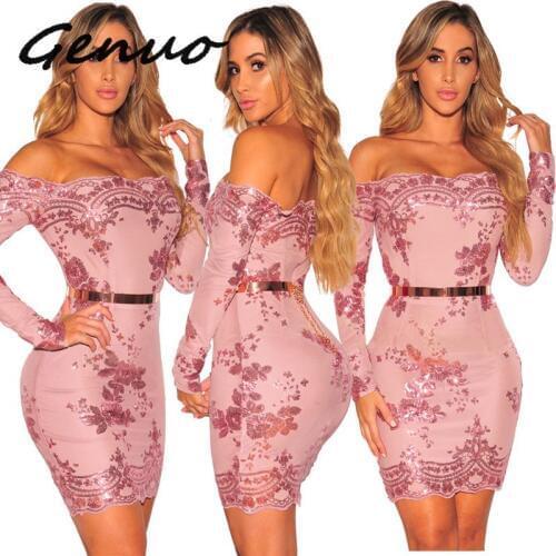 Women Sexy Off Shoulder Gold Sequin Dress Floral Elegant Long Sleeve Bodycon Mini Dress Nightclub Party Dress Vestido De Festa