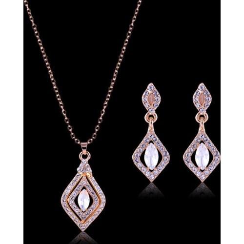 Classic Rhinestone Inlaid Hollow Geometric Rhombus Square Stitching Pendent Earrings Necklace Jewelry Set for Women Girls Gift