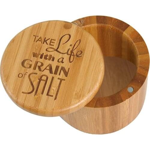 Kitchen Supplies Environmentally Friendly Non-toxic Round Bamboo Seasoning Box Rotating Cover Salt Shaker