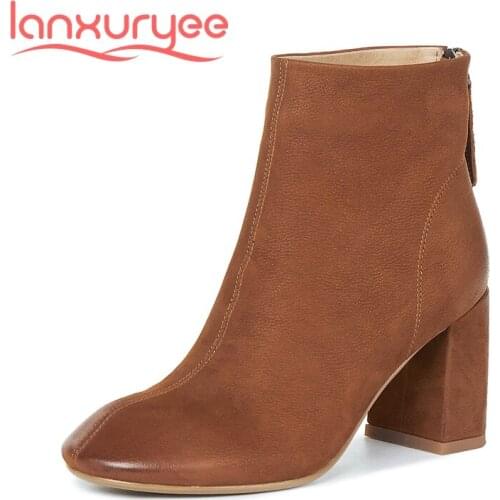 Lanxuryee 2020 winter new arrival Chelsea boots genuine leather round toe high heel gladiator vintage big size ankle boots L2f1