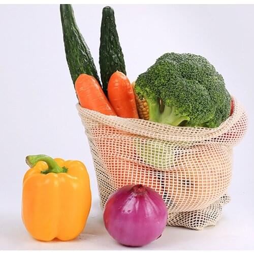 Reusable Cotton Mesh Produce Net Bags for Vegetable Fruit Kitchen Washable Grid Storage Organizer Sundries with Drawstring