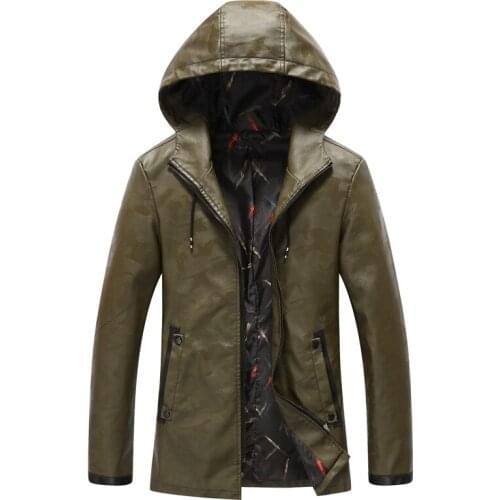 2021 Autumn New Mens Hooded Camouflage Washed PU Leather Mid-Length Casual Leather Clothing