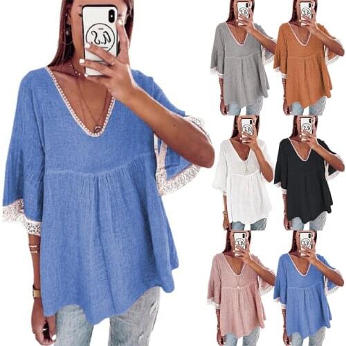 Solid V Neck Half Sleeve Shirt Women Summer Sexy Casual Loose Lace T Shirt Top Plus Size Patchwork Elegant Pullover Clothes