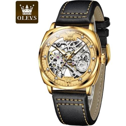 OLEVS Mens Automatic Mechanical Watches Fashion Genuine Leather Strap Wine Barrel Punk Hollow Wristwatch Sports Clock Relogios