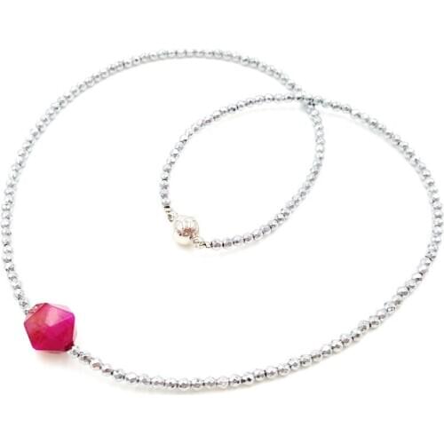 LiiJi Unique Dye Color Hot pink Tigers Eye,Hematite Hematite 1-2mm Magnet Clasp Choker Necklace 40cm/16