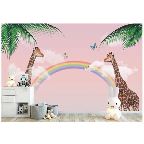 Custom 3d wallpaper for walls 3 d wall murals Cartoon wallpaper Kids Wallpaper Giraffe Dream Rainbow Background Wall home decor