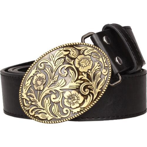Fashion belt Metal buckle Retro Arabesque pattern belt flower design Arabian style belts men Cowboy Bull belt womens gift