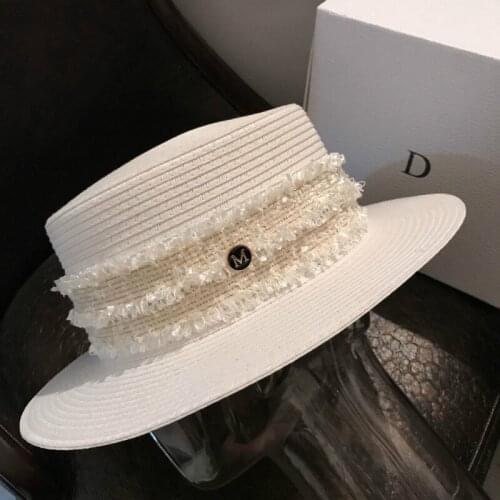 Women Summer Beach Sun Cap Flat Top Straw Hat Fashion Girl Ribbon Beach Hat