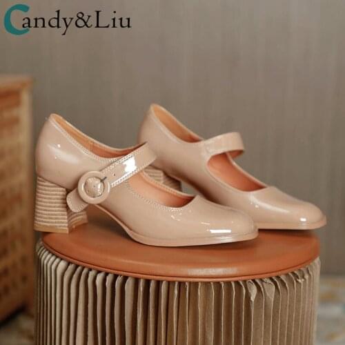 Causal Shoe Female Pumps Smooth Patent Leather Square Toe Buckle Belt 2021 New Celebrity High Heels Thick Heel Womens Shoes