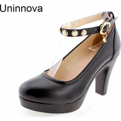 Uninnova High Platform Super High Heels Footwear Womens Round Toe Pearl Split Leather Shoes Office Work Pumps Salto Alto WP081