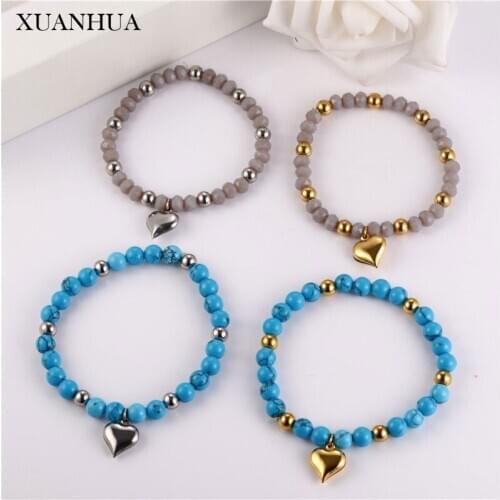 XUANHUA Elastic Rope Blue Heart Bracelets Bangles For Women Stainless Steel Jewelry Woman Accessories Fashion Jewelry