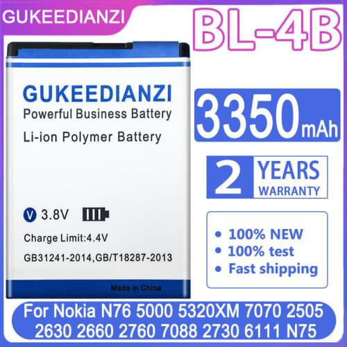 GUKEEDIANZI Replacement Battery BL-4B 3350mAh For Nokia N76 5000 5320XM 7070 2505 2630 2660 2760 7088 2730 6111 N75 BL 4B