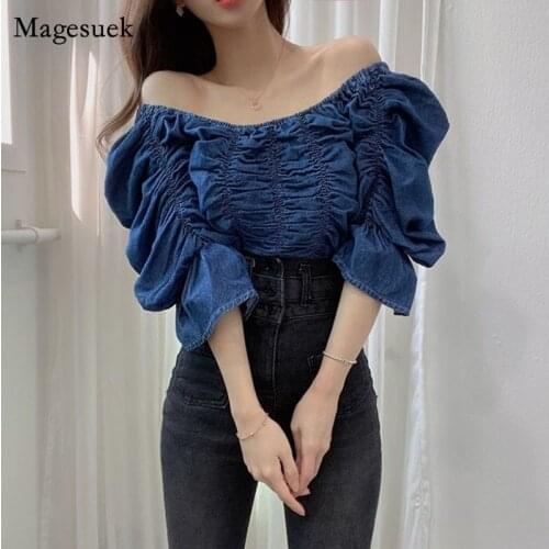 Korean Slash Neck Off-shoulder Blue Blouse Women Summer Sexy Denim Women Tops 2021 Short Sleeve Chic Pleated Loose Shirt 14520