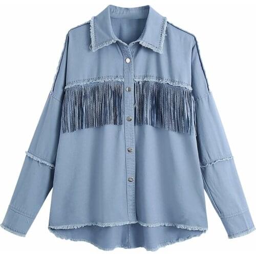Vintage Denim Studded Fringed Lapel Long Sleeves Female Jacket Hot Drill Single Breasted Irregular Harajuku Chic Womens Tops