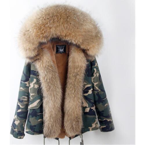 Fashion woman army green Large raccoon fur collar hooded coat parkas outwear detachable Faux fur lining winter jacket