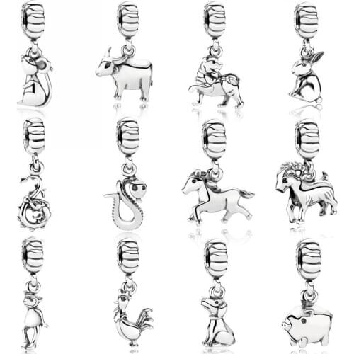 Zodiac signs Animals Pendant Women Pulsera Fit Original Pandora Charms Bracelet Tiger rabbit horse dog pig Bead Jewelry Gift DIY
